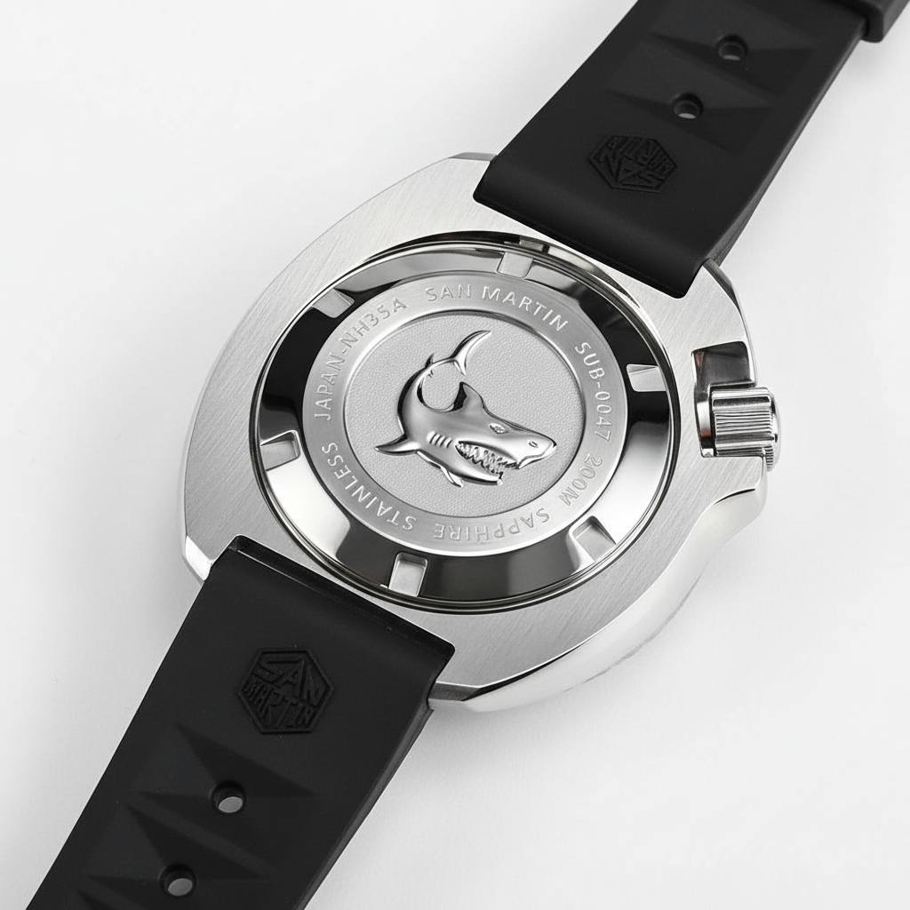 San Martin Military Turtle stainless steel screw-down caseback with engraved logo.