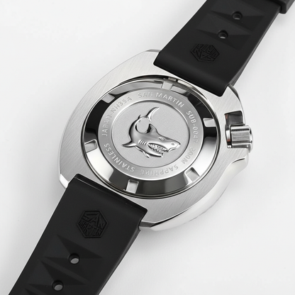 San Martin Military Turtle stainless steel screw-down caseback with engraved logo.