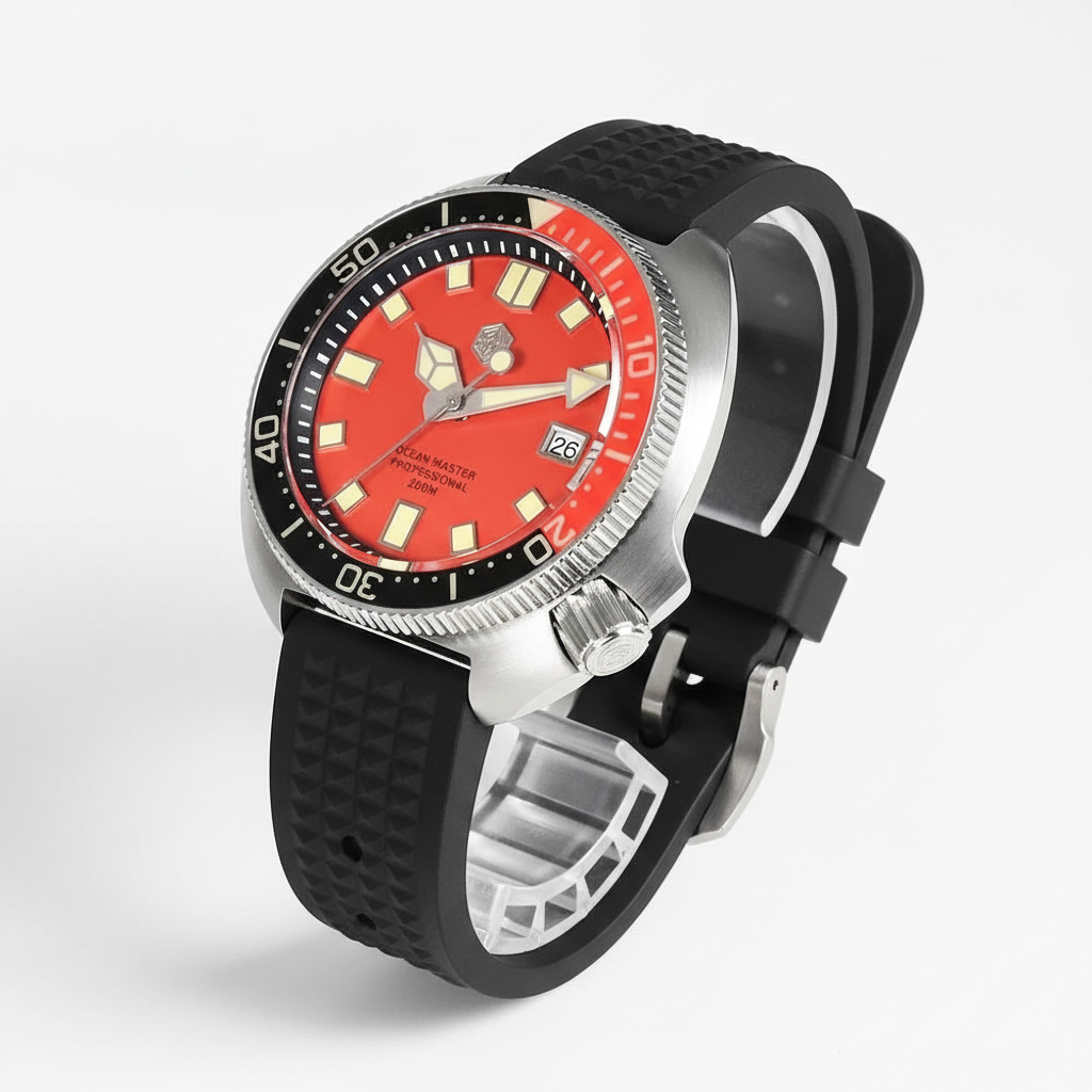 Side view of San Martin Military Turtle stainless steel 44mm case with sapphire crystal.