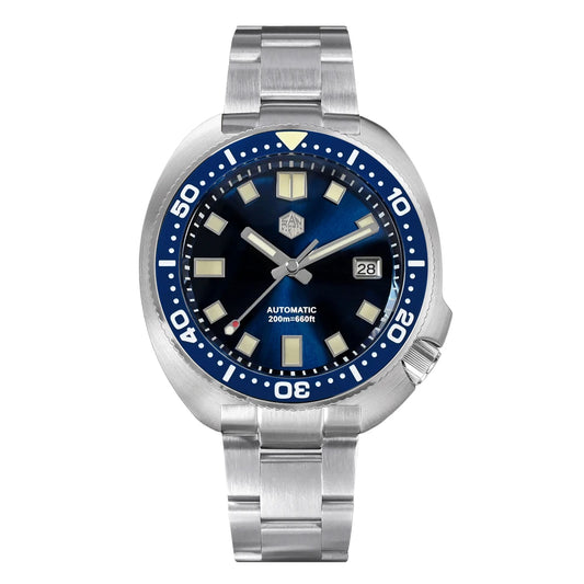 Side view of San Martin Ocean Turtle turtle case stainless steel diver watch
