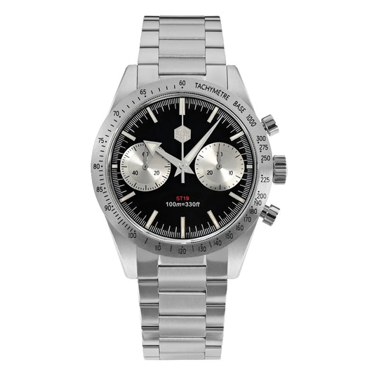 Close-up of San Martin Panda SM57 chronograph dial with luminous BGW9 blue light hands.