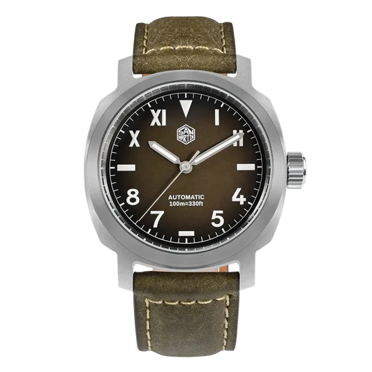 Close-up of San Martin Vintage Brown gradient dial with Roman and Arabic numeral hour markers.