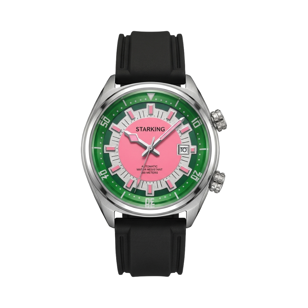 STARKING AM0603 - pink dial green bezel front view packshot
