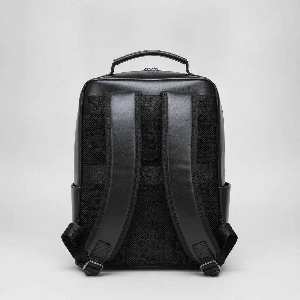 Black Genuine Leather Laptop Backpack — back view with shoulder straps