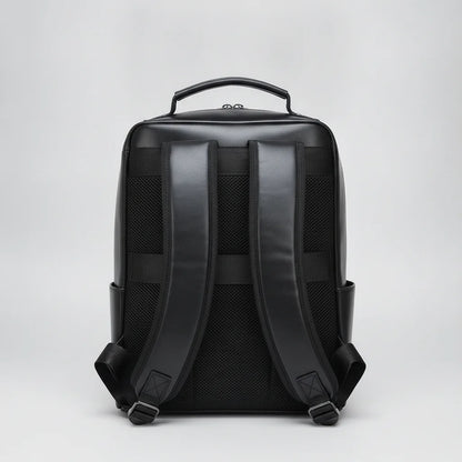 Black Genuine Leather Laptop Backpack — back view with shoulder straps