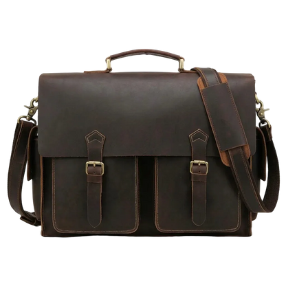 Structured Leather Business Briefcase — front view in dark brown with flap, two buckled pockets and strap