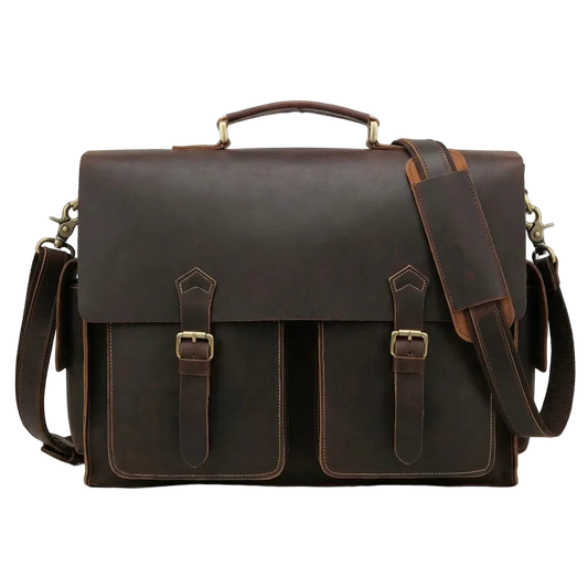 Structured Leather Business Briefcase — front view in dark brown with flap, two buckled pockets and strap