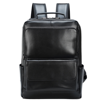 Black Genuine Leather Laptop Backpack — front view in Black