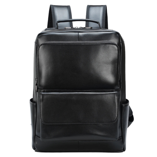 Black Genuine Leather Laptop Backpack — front view in Black