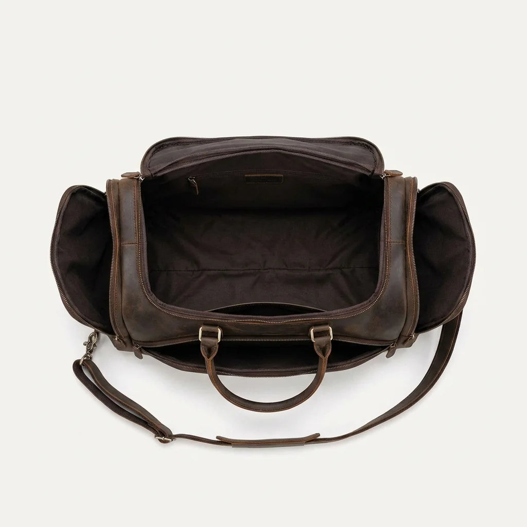 Men's Leather Travel Duffle Bag — Crazy Horse - empty interior compartments view