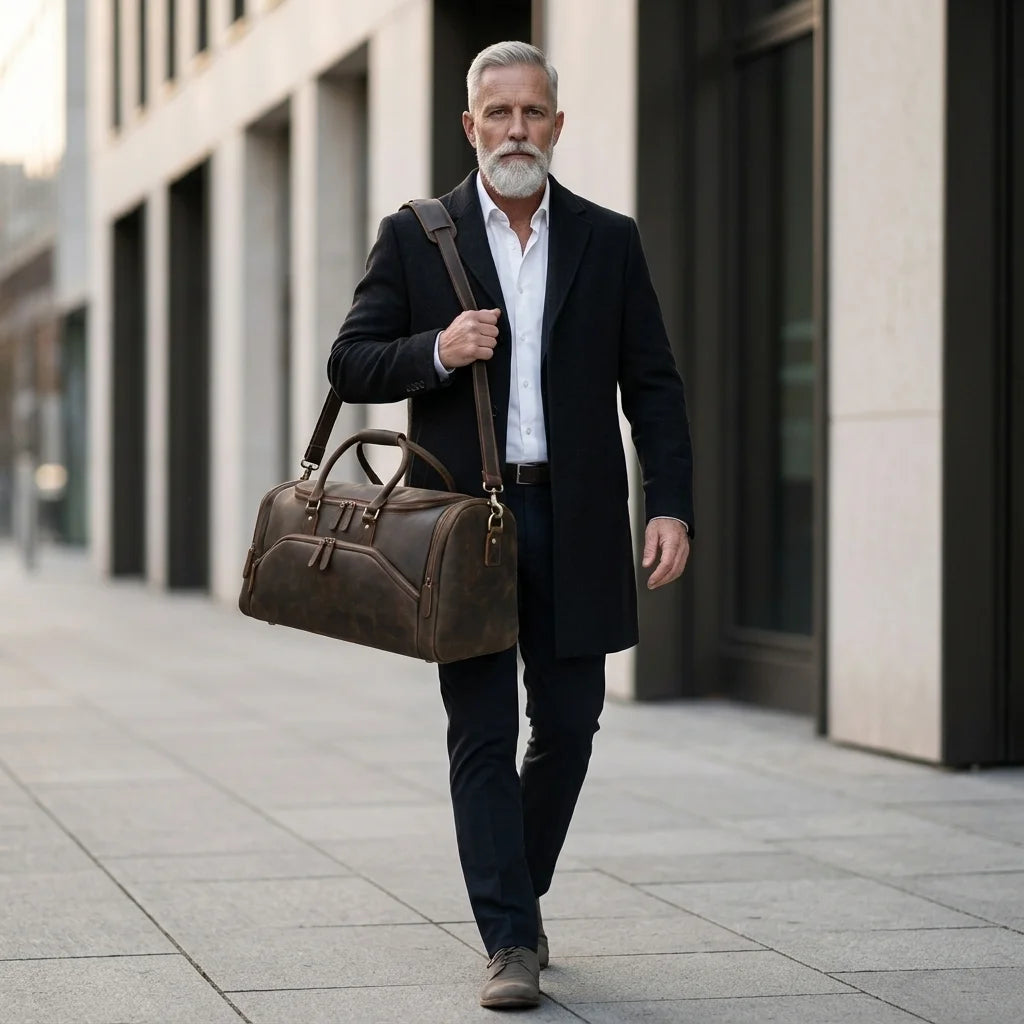 Men's Leather Travel Duffle Bag — Crazy Horse - man carrying on shoulder