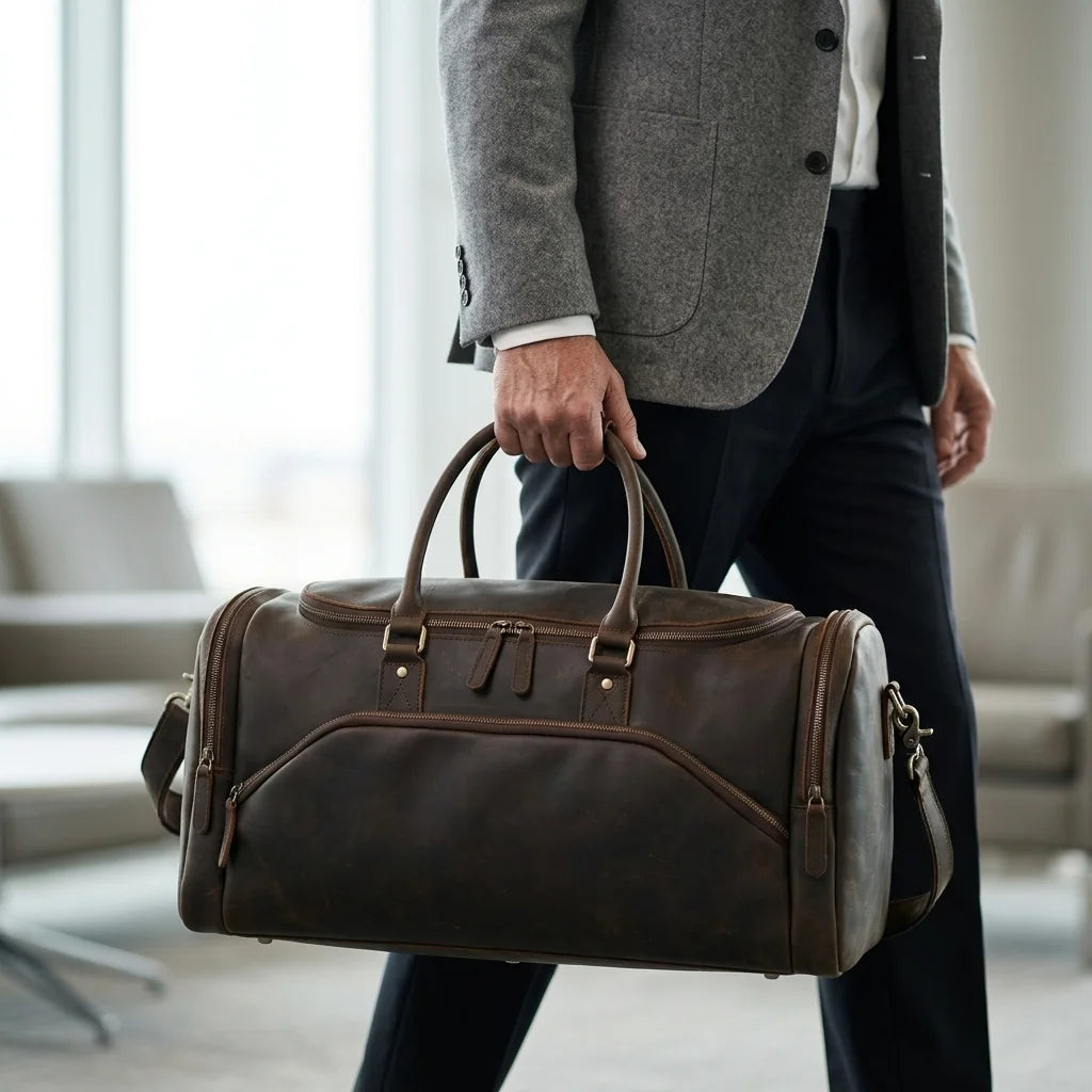 Men's Leather Travel Duffle Bag — Crazy Horse - man holding by handles