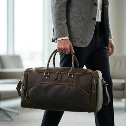 Men's Leather Travel Duffle Bag — Crazy Horse - man holding by handles