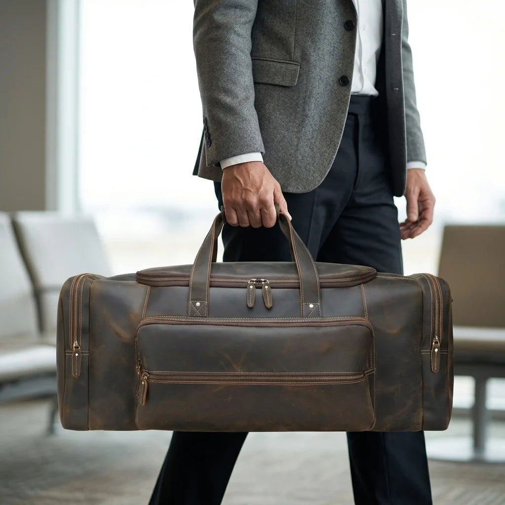 Men's Leather Travel Duffle Bag — Vintage - close up hand carry