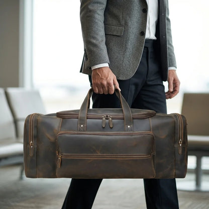 Men's Leather Travel Duffle Bag — Vintage - close up hand carry
