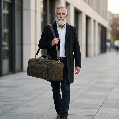 Men's Leather Travel Duffle Bag — Vintage - shoulder carry model shot