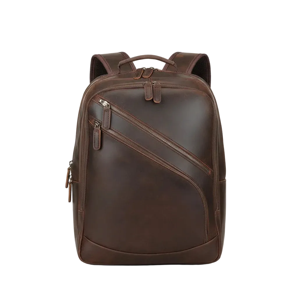 Leather Multi-Pocket Travel Backpack — front view in Dark Brown with diagonal zip pockets