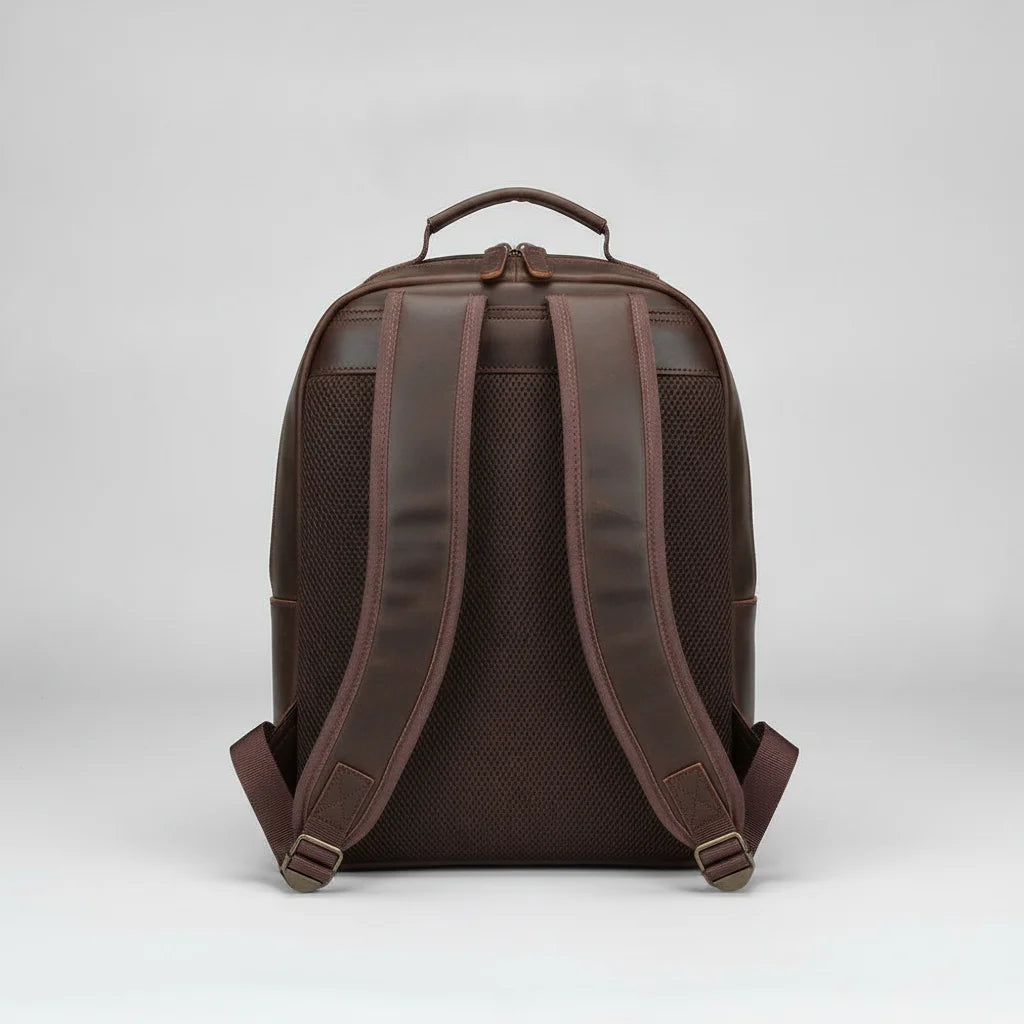 Leather Multi-Pocket Travel Backpack — back panel with padded shoulder straps