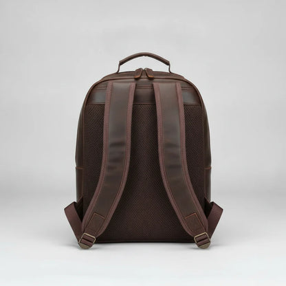 Leather Multi-Pocket Travel Backpack — back panel with padded shoulder straps