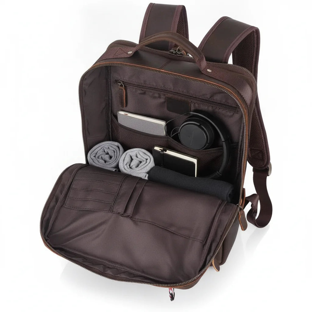 Vintage Leather Laptop Backpack — open main compartment with clothes, headphones and notebook