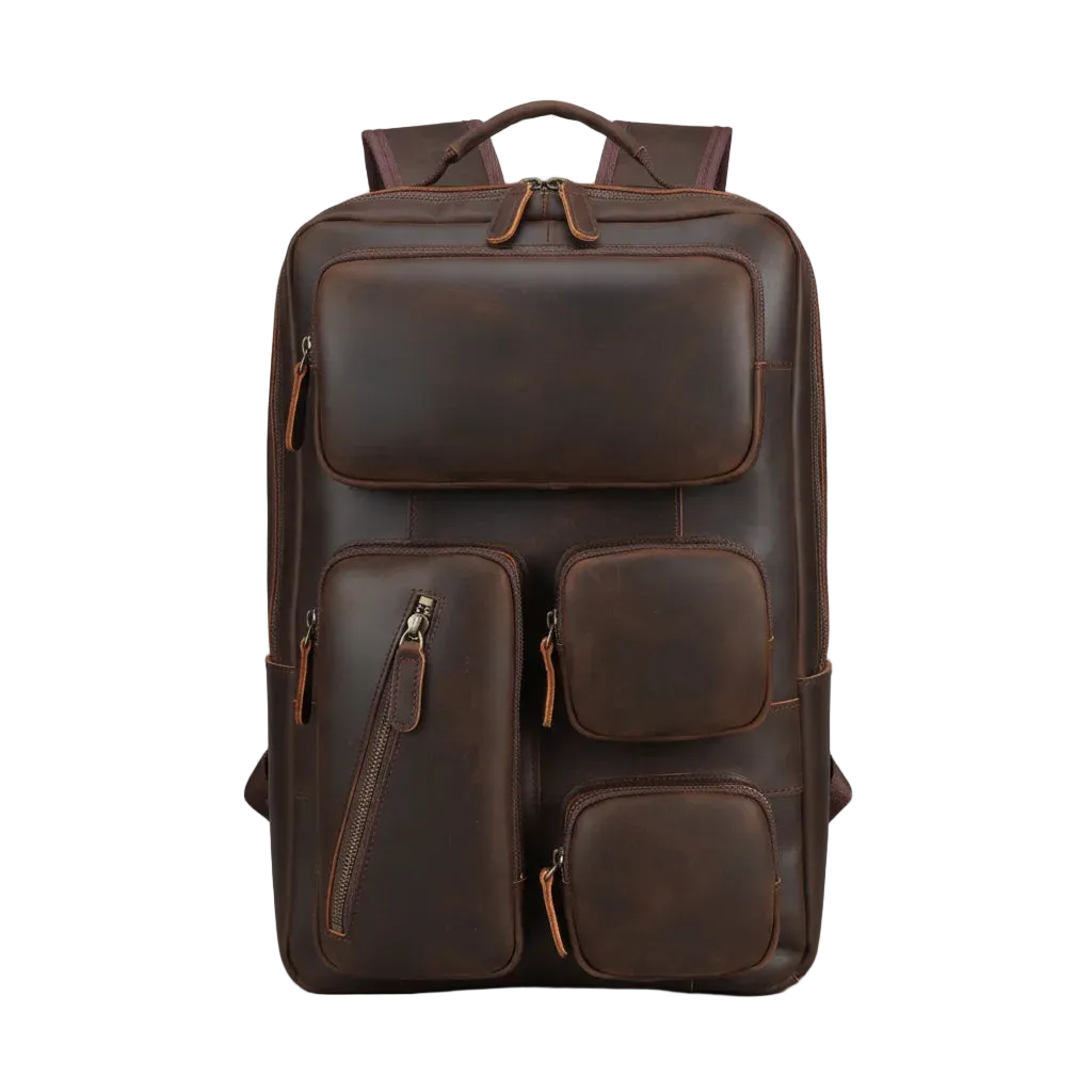 Vintage Leather Laptop Backpack — front view in Dark Brown with four front pockets