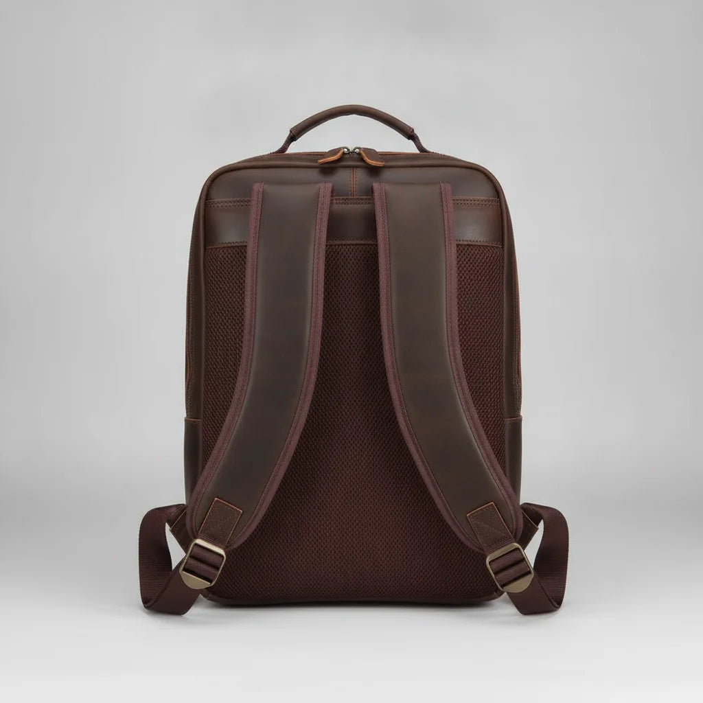 Vintage Leather Laptop Backpack — back panel with padded shoulder straps