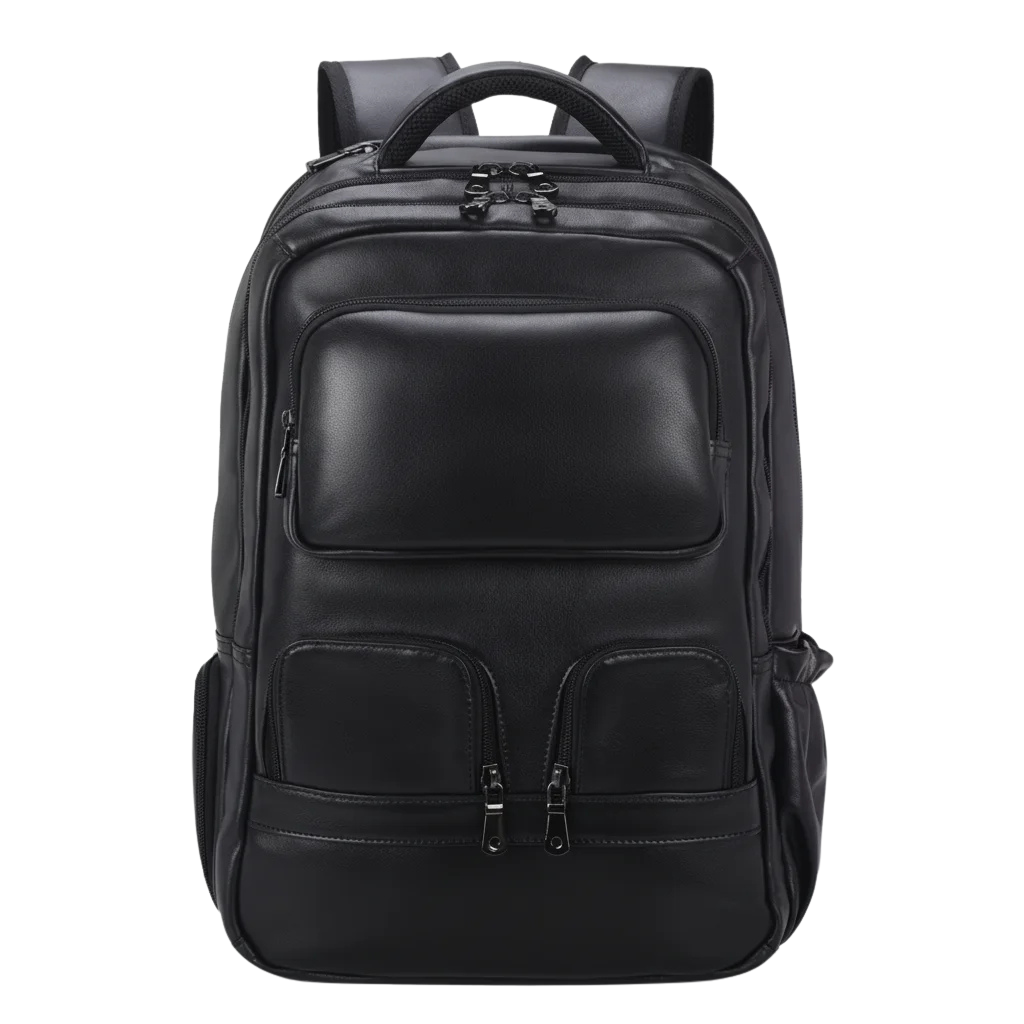 Vintage Crazy Horse Leather Travel Backpack — front view in Black