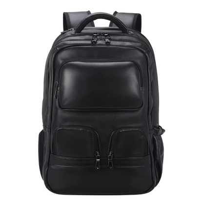 Vintage Crazy Horse Leather Travel Backpack — front view in Black