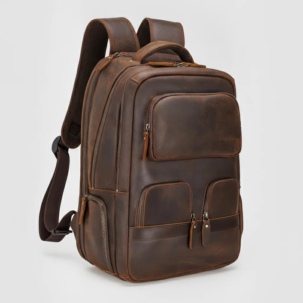 Vintage Crazy Horse Leather Travel Backpack — three-quarter side view