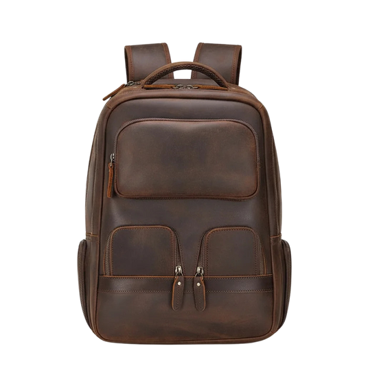 Vintage Crazy Horse Leather Travel Backpack — front view in Dark Brown