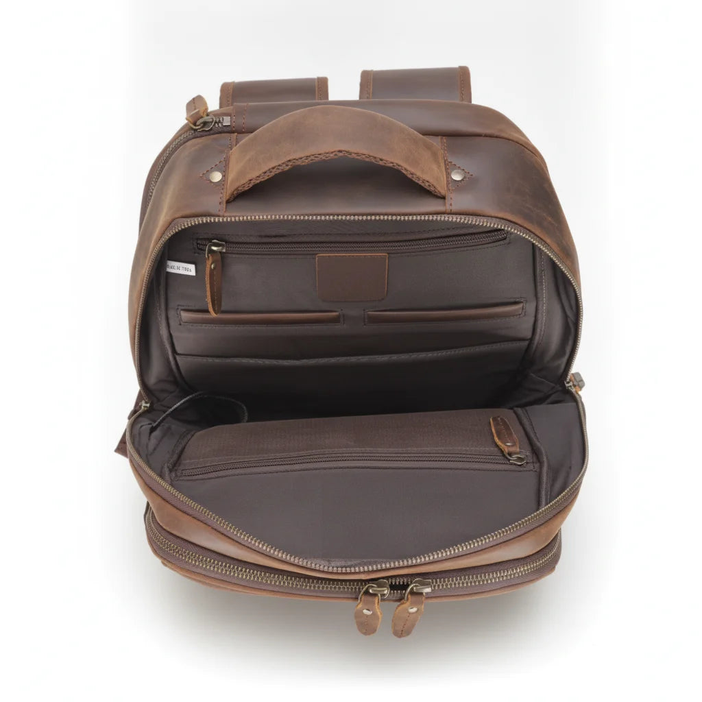 Vintage Crazy Horse Leather Travel Backpack — open main compartment, empty, with organizer pockets