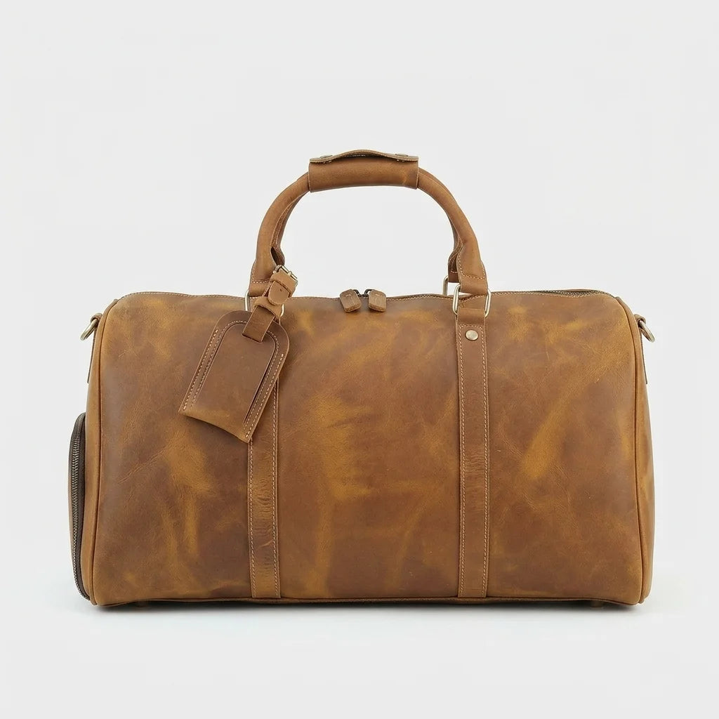 Vintage Duffel Bag — tan bag front view