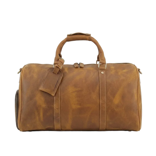 Vintage Duffel Bag — tan bag front view