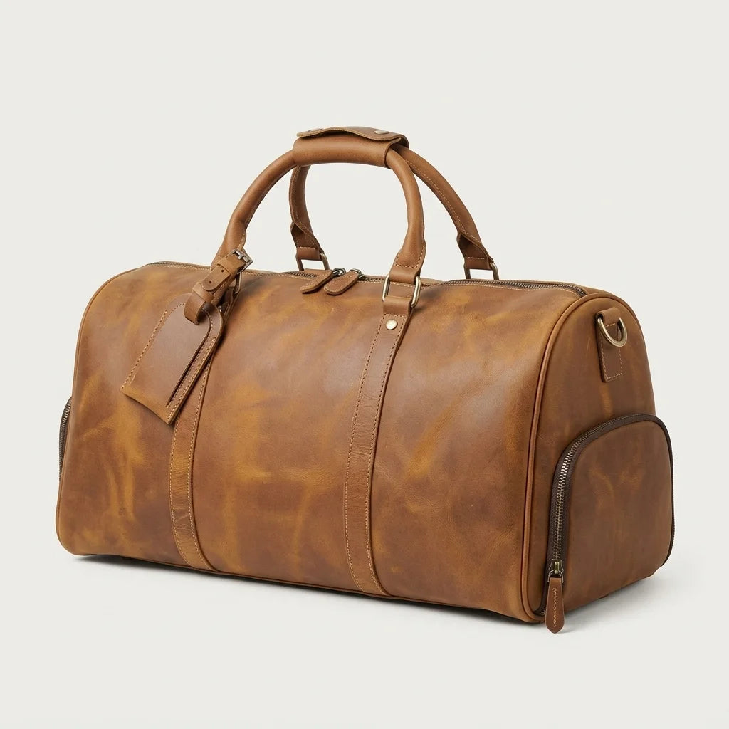 Vintage Duffel Bag — tan bag side view
