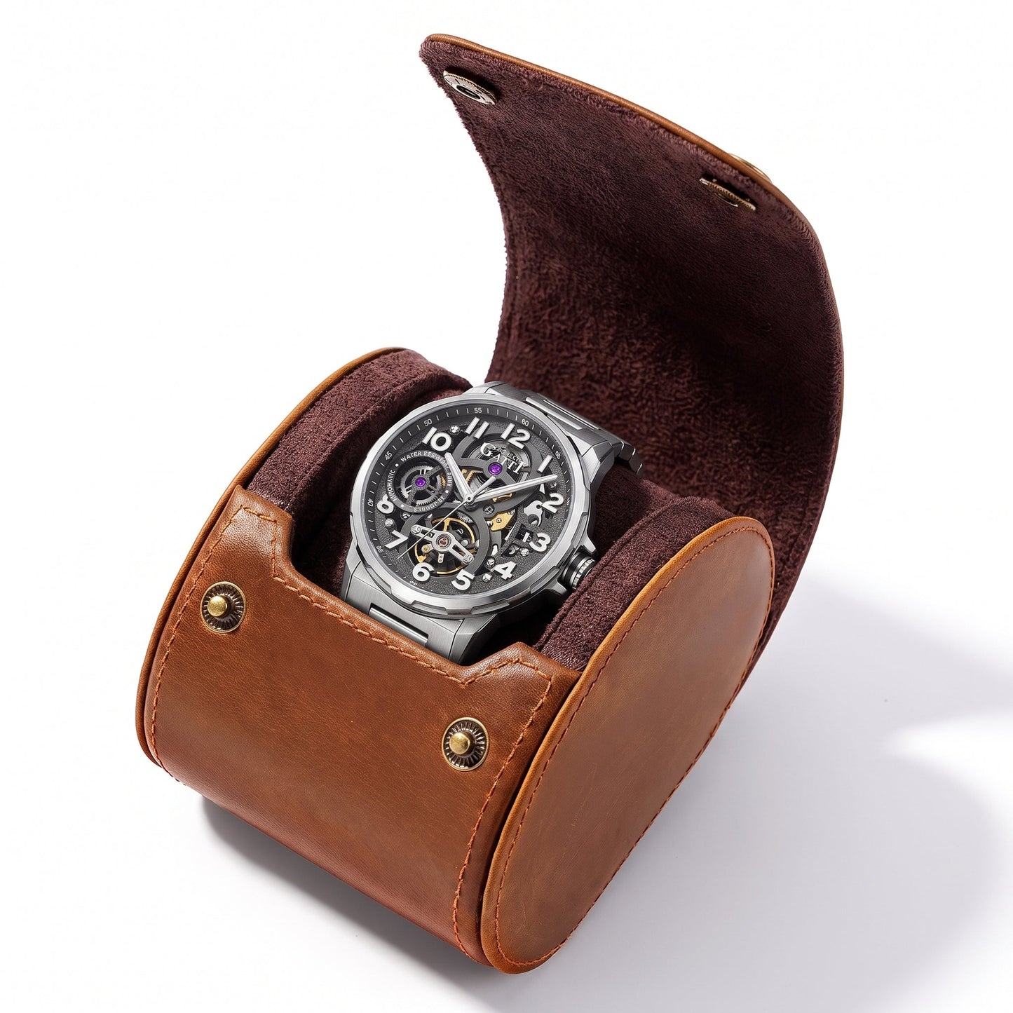 watch in brown leather box