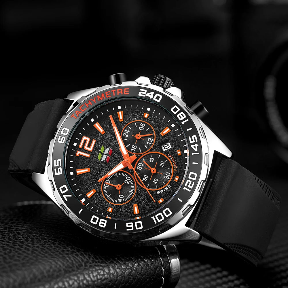 Close-up of the XENTHARIS black chronograph men’s watch with luminous orange markers and tachymeter bezel on a dark textured background.