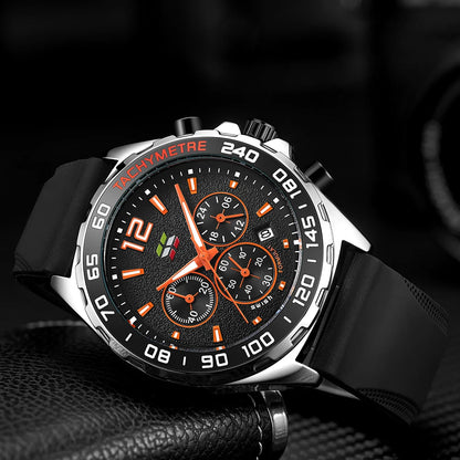 Close-up of the XENTHARIS black chronograph men’s watch with luminous orange markers and tachymeter bezel on a dark textured background.