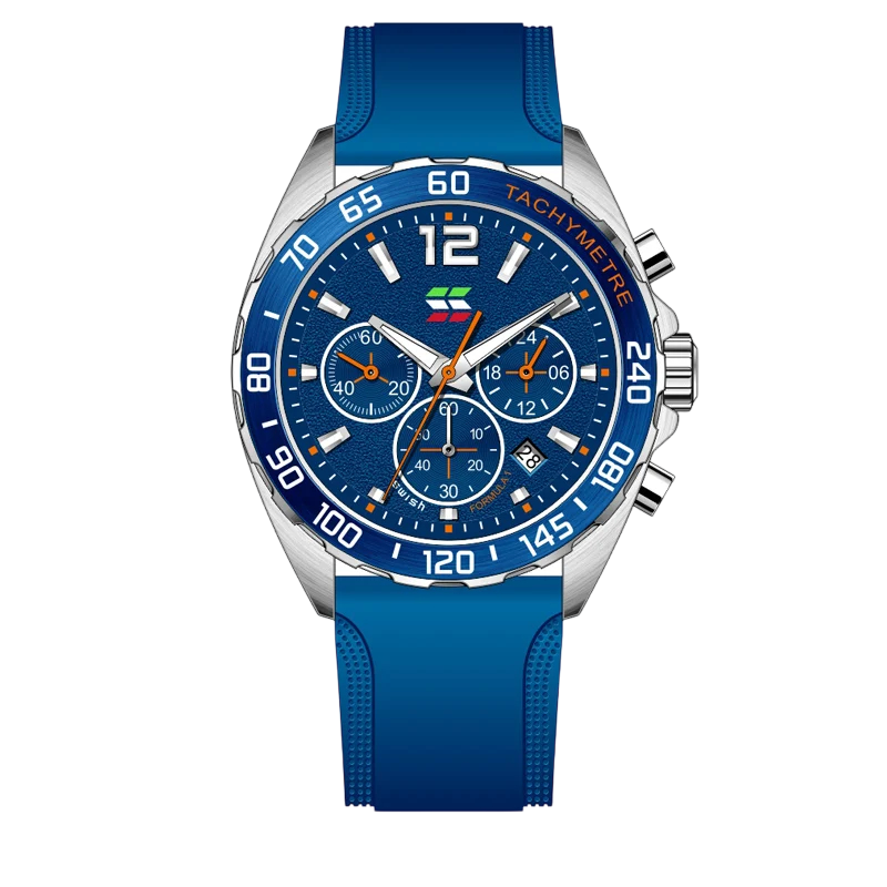 XENTHARIS men’s chronograph watch with white dial and blue silicone strap, sporty design with three sub-dials and precise quartz movement.
