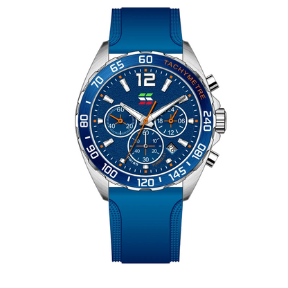 XENTHARIS men’s chronograph watch with white dial and blue silicone strap, sporty design with three sub-dials and precise quartz movement.