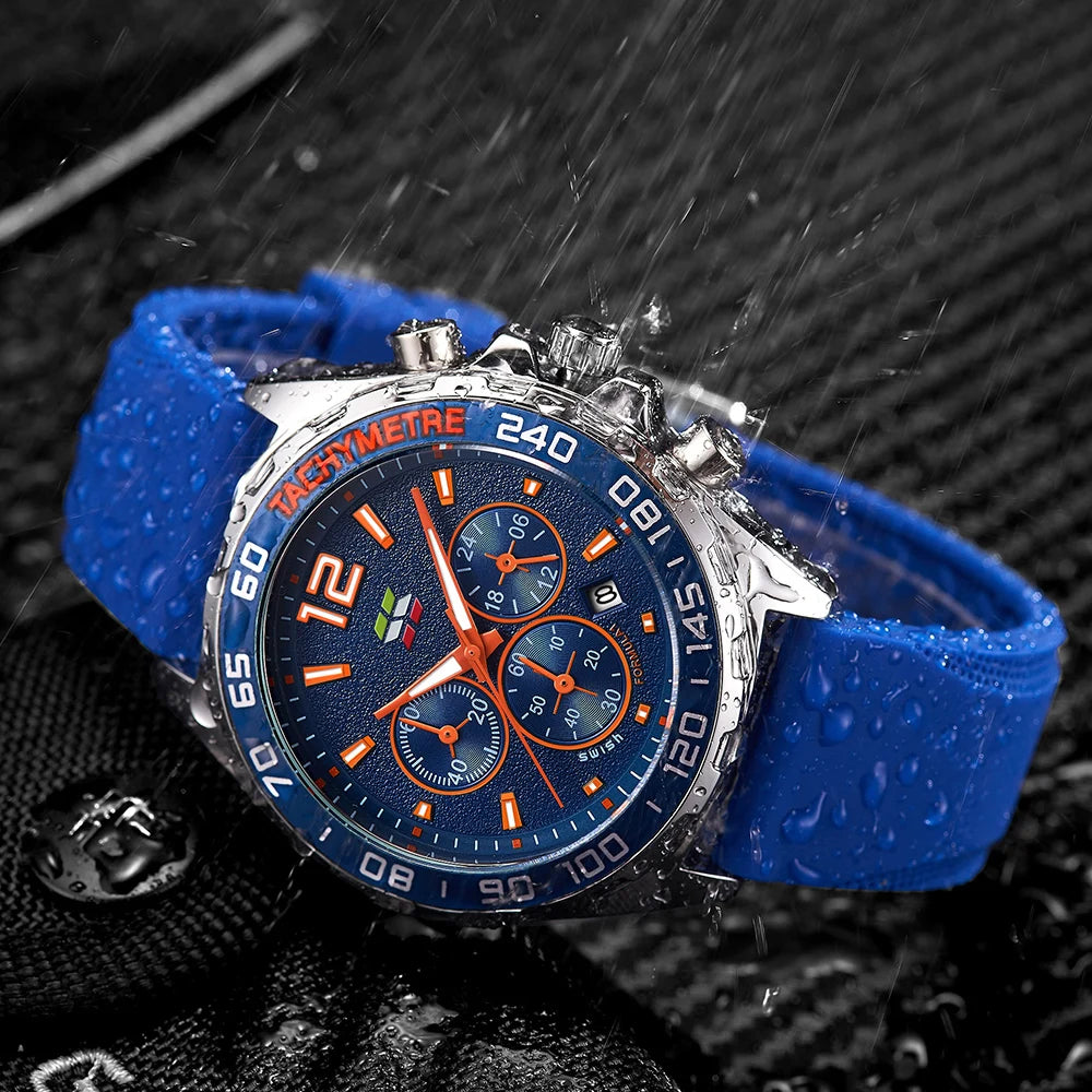 XENTHARIS men’s blue chronograph watch showcased under water splash, highlighting its 3ATM water resistance and durable silicone strap