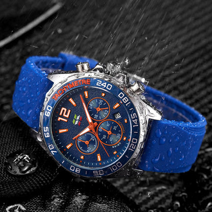 XENTHARIS men’s blue chronograph watch showcased under water splash, highlighting its 3ATM water resistance and durable silicone strap