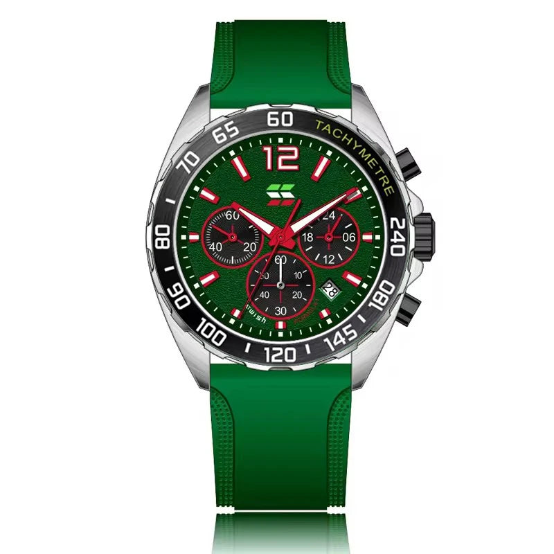 XENTHARIS men’s quartz chronograph watch with a green dial and silicone strap, featuring tachymeter bezel and red hands for a sporty modern look.