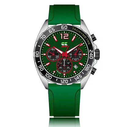 XENTHARIS men’s quartz chronograph watch with a green dial and silicone strap, featuring tachymeter bezel and red hands for a sporty modern look.