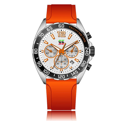 XENTHARIS men’s chronograph watch with white dial and orange silicone strap, sporty design with three sub-dials and precise quartz movement.