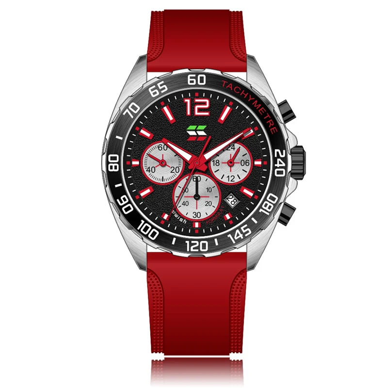 XENTHARIS men’s red chronograph wristwatch with black dial, red strap, and luminous markers, blending dynamic style with everyday functionality.